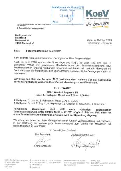 Sprechtagstermine des KOBV