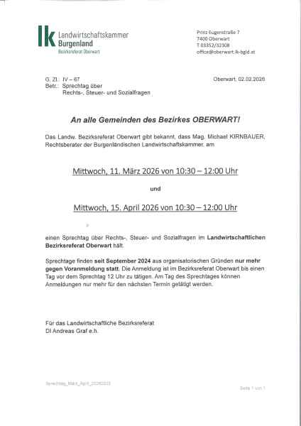 Sprechtage Landwirtschaftliches Bezirksreferat März und April